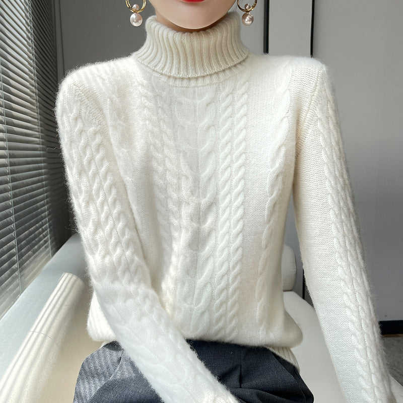 Kabelstrikket rullekrave-sweater, ensfarvet, alsidig dame-pullover med blidt temperament