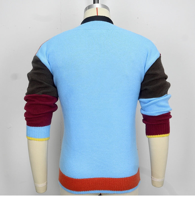 Herre strik V-hals, farveblok, langærmet pullover