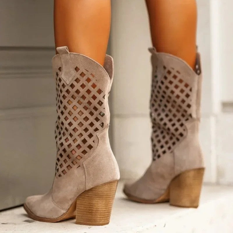 Womens Plus-Size Cutout Mesh Over-the-Knee Short Boots