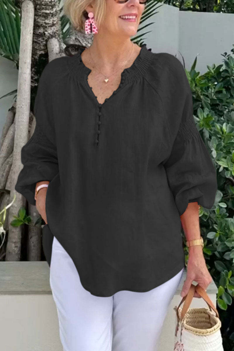 Womens Casual V-Neck Solid Color Cotton-Linen Long-Sleeve Top
