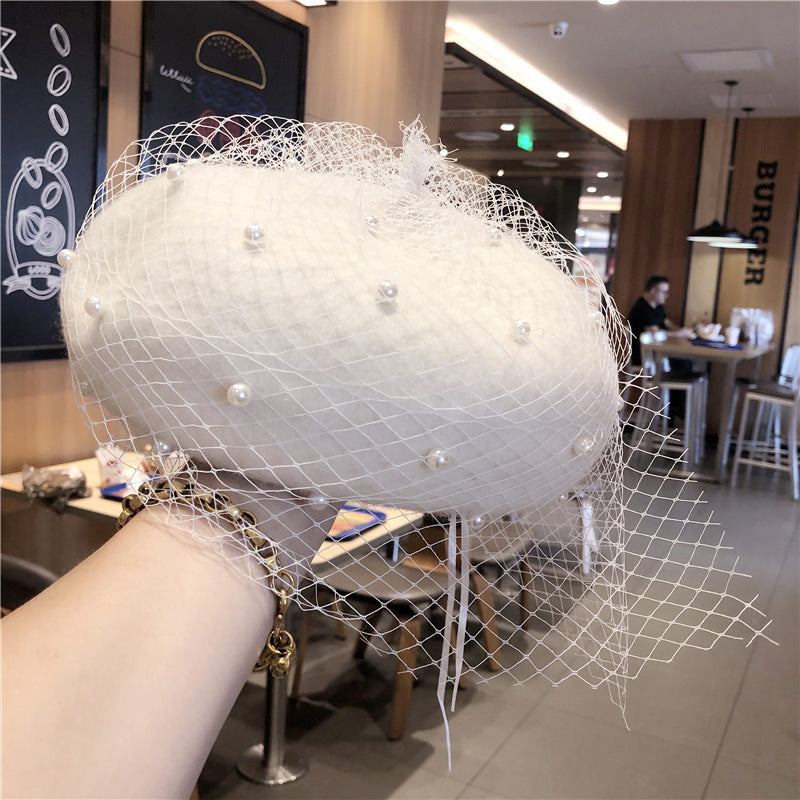 Woolen Pearl Mesh Beret Women's British Retro Hat