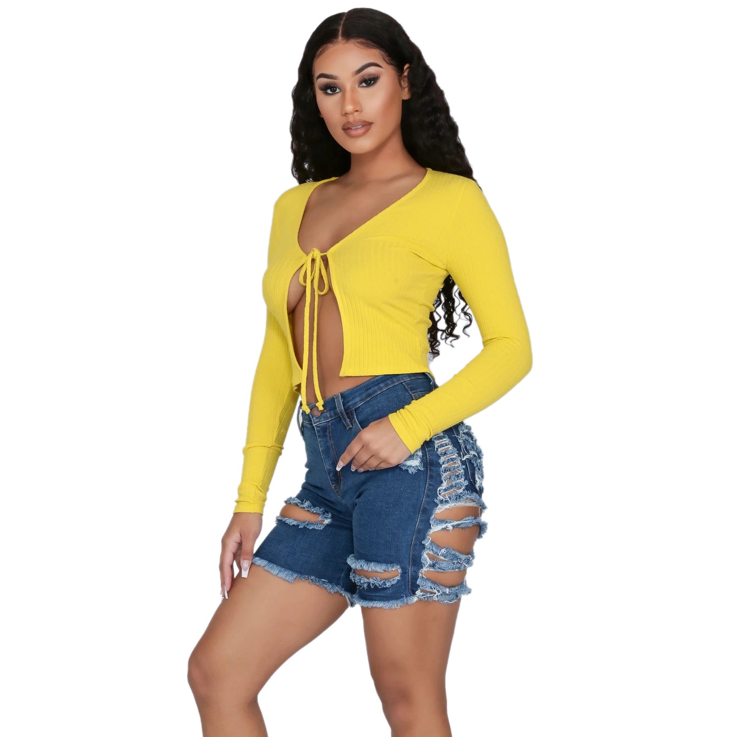 Hand-worn high waist denim shorts