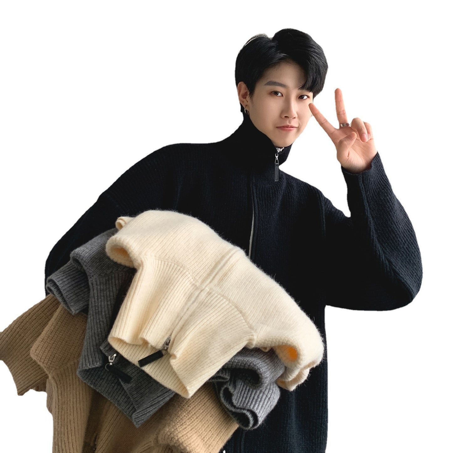 Men's Thick Solid Color Turtleneck Zipper Knitwear Cardigan Sweater