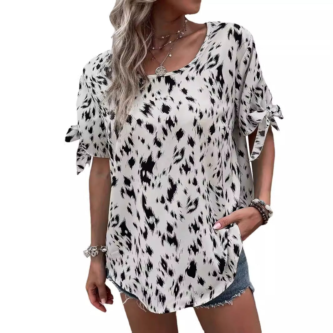 Round Neck Lace Up Leopard Print Women's Blouse Temperament Leisure Top