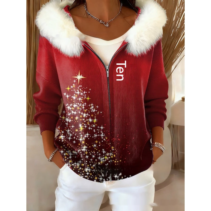 Stilfuld 3D Digital-Print Cardigan Til Damer Med Faux Fur Hætte