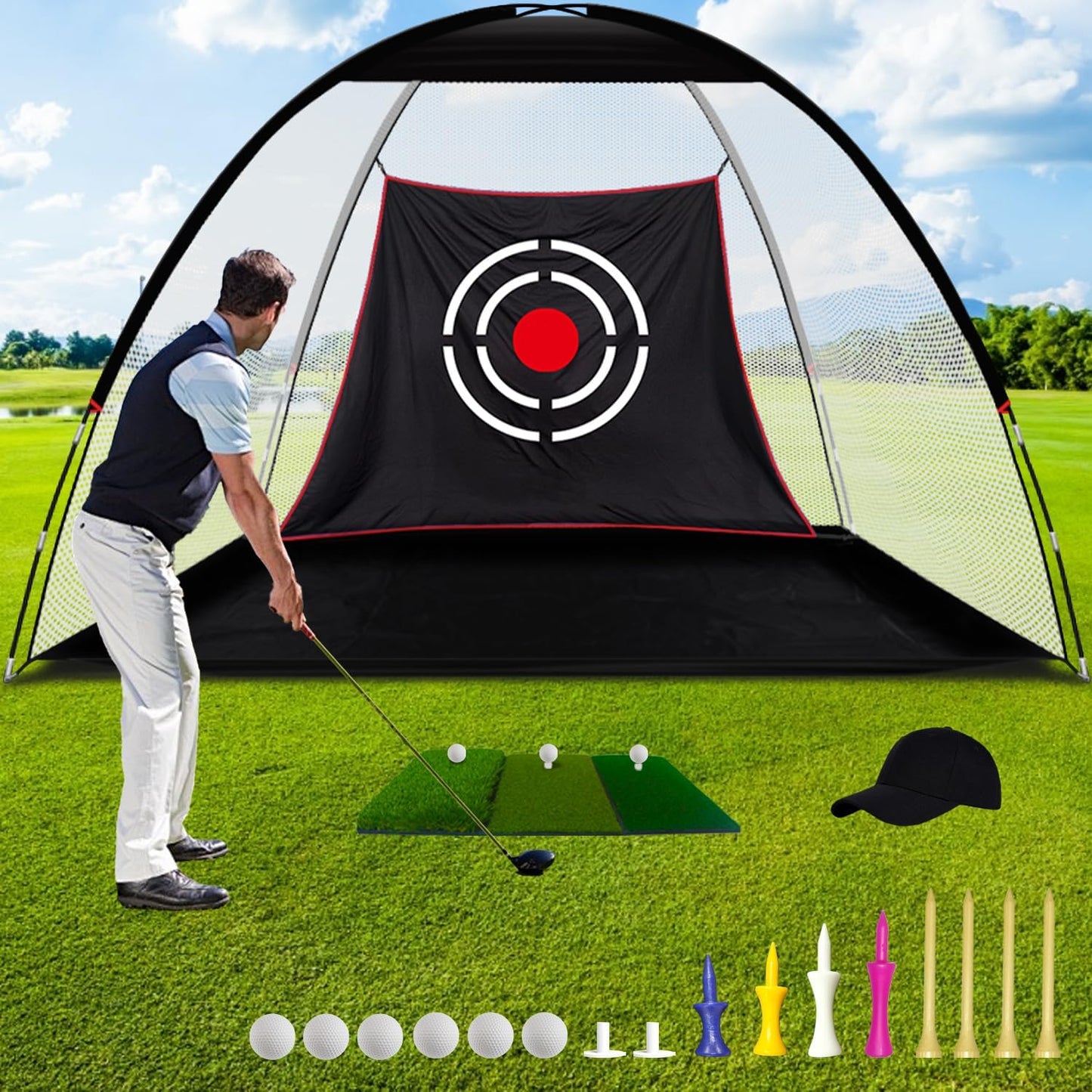 Golf Net for Backyard Practice: Hitting Net with Mat & Target – Training for Driving Chipping Swing Golf Gift for Dad Husband Men