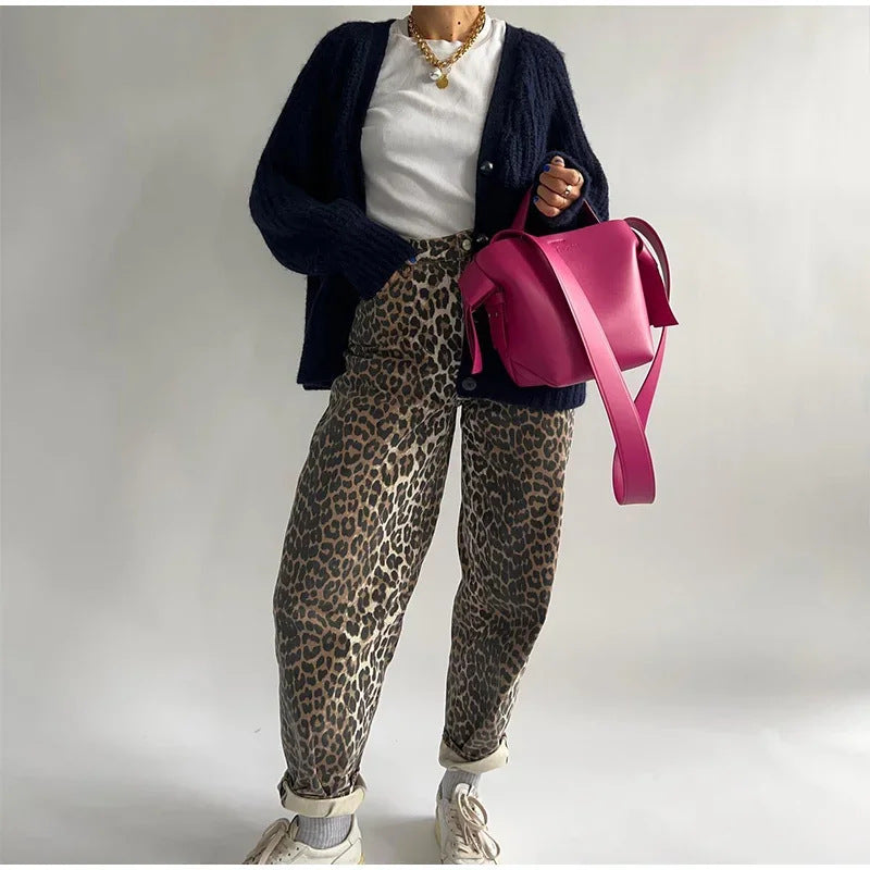 Dame Street Retro leopardprintede bukser med brede ben
