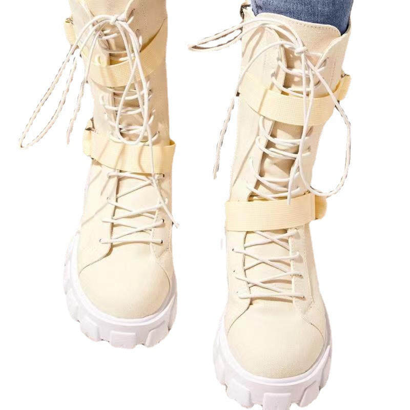 Canvas High-top Solid Color Platform Casual Round Toe Lace-up Motorcycle Boots