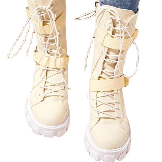 Canvas High-top Solid Color Platform Casual Round Toe Lace-up Motorcycle Boots
