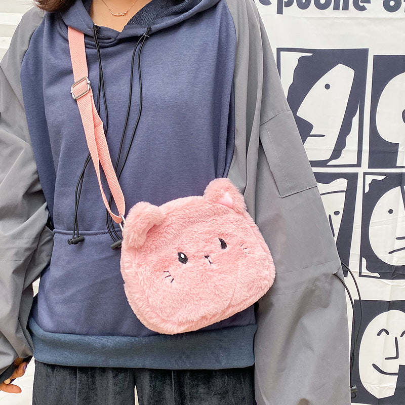 Personalized Embroidery Cute Plush Cat Messenger Bag