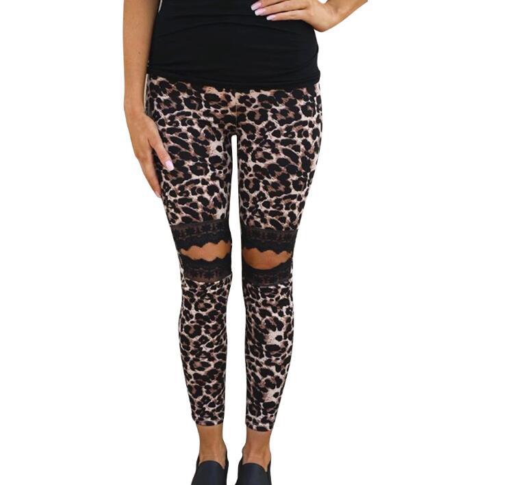Casual hollow lace leopard print slim women's trousers