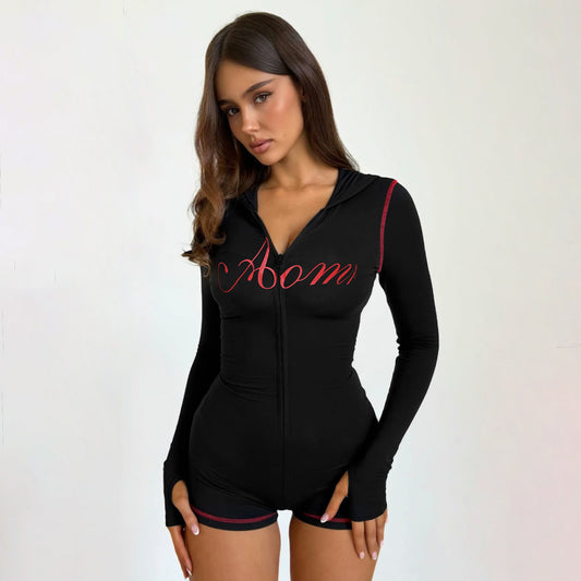 Zippered Hooded Slim-Fit Knitted Sexy Jumpsuit