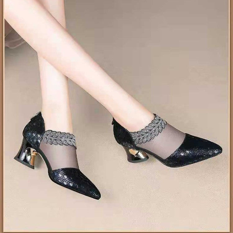 Leather Block Heel Hollow Breathable Roman Baotou Mesh Sandals