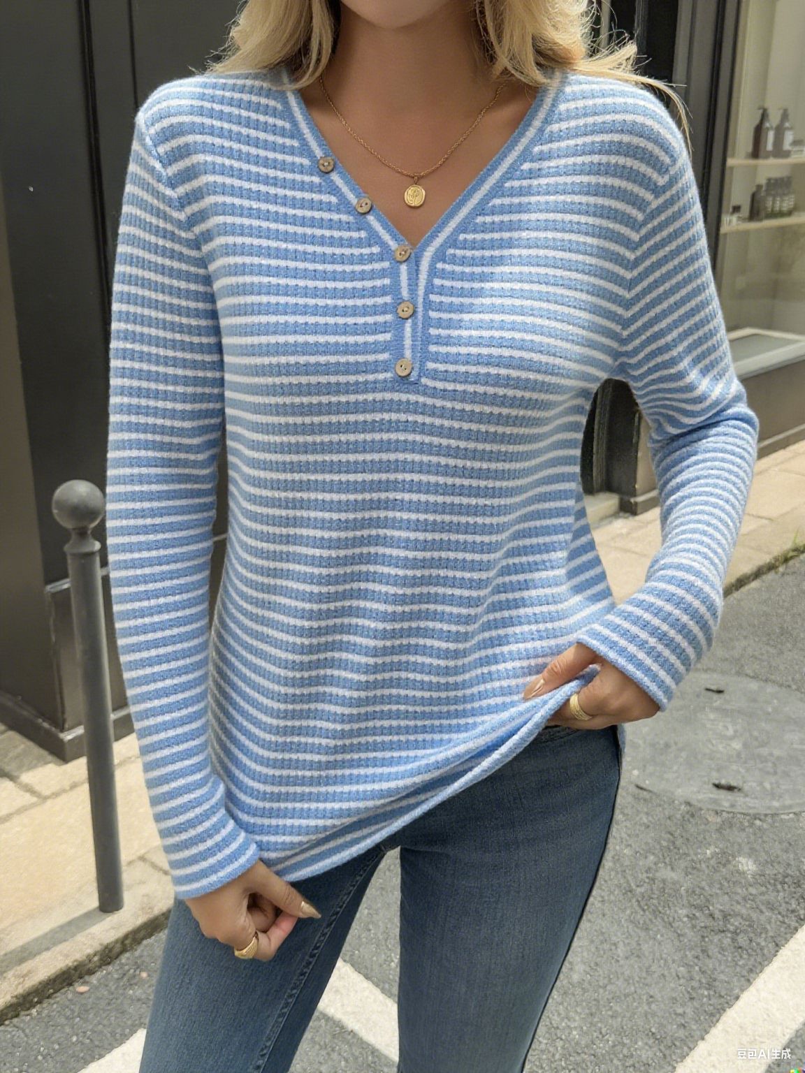 Pineapple Plaid Striped V-neck Long-sleeved T-shirt Women's Top