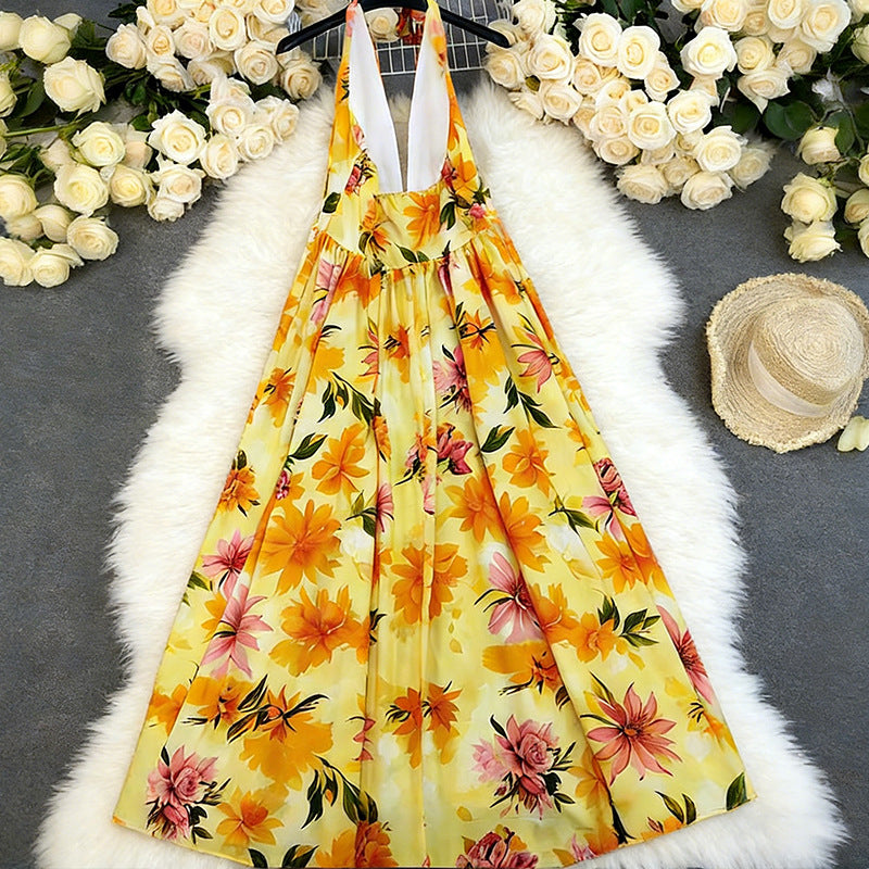 Womens Printed V-Neck Defined-Waistline Long Slip Dress