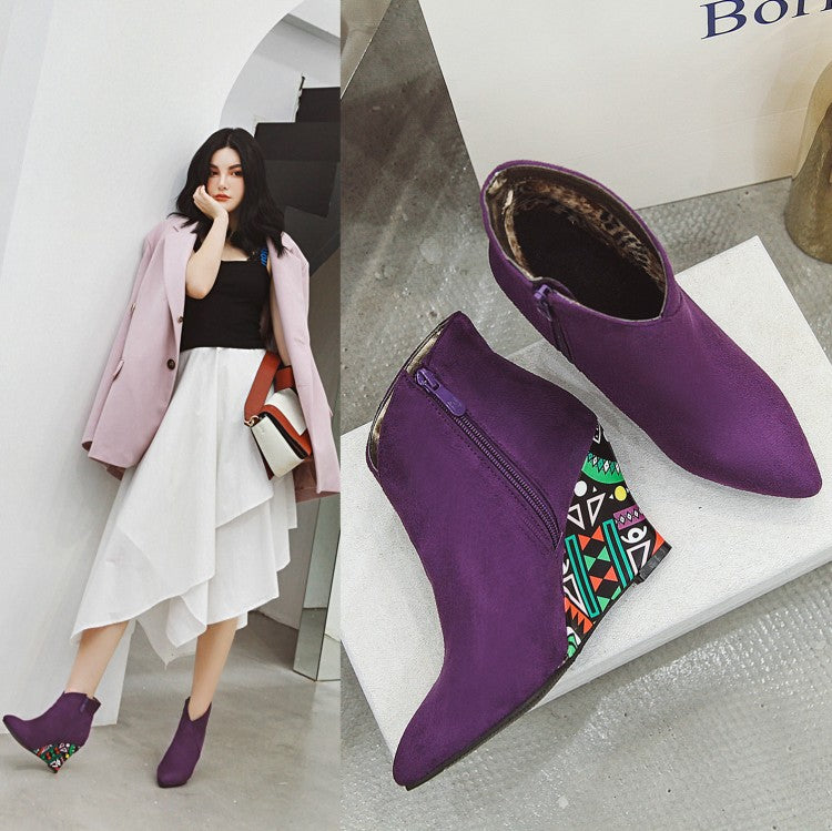 Winter Pointed Toe Wedge Heel Side Zip Floral Ankle Boots