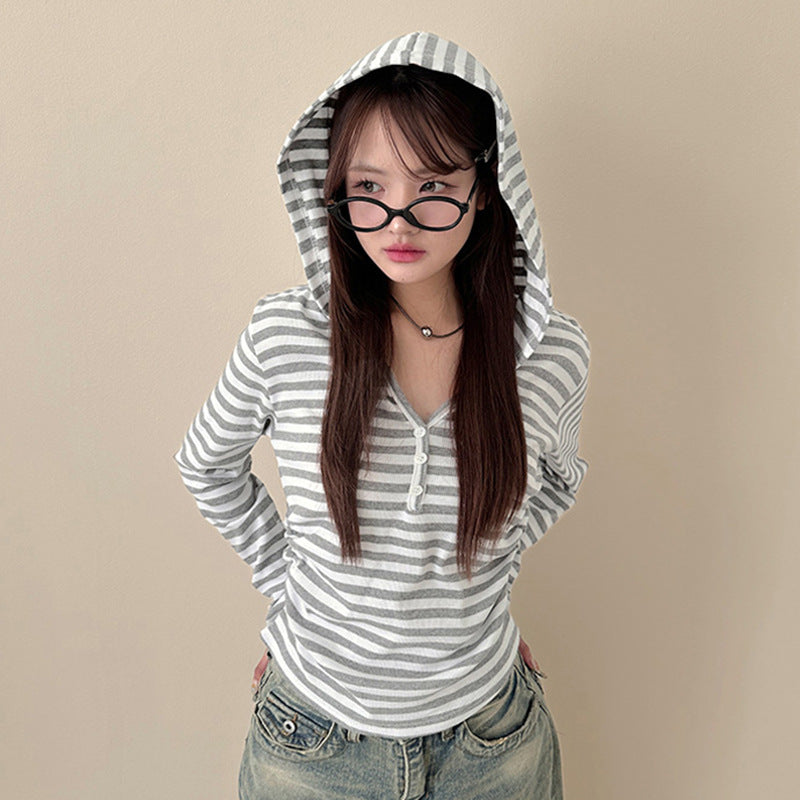 Retro Contrast Color Stripe Knitted T-shirt Women's New Top