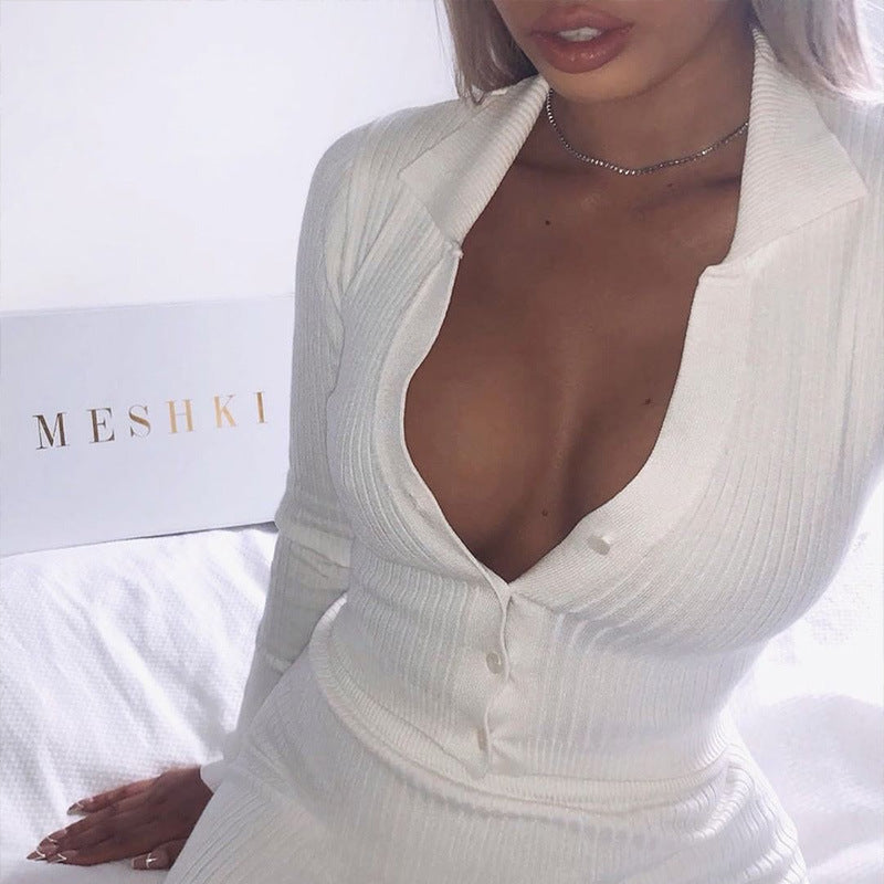 Autumn And Winter Leisure Fashion V-neck Slim-fit Long Sleeve Miniskirt Two-piece Set Women's Knitted Suit