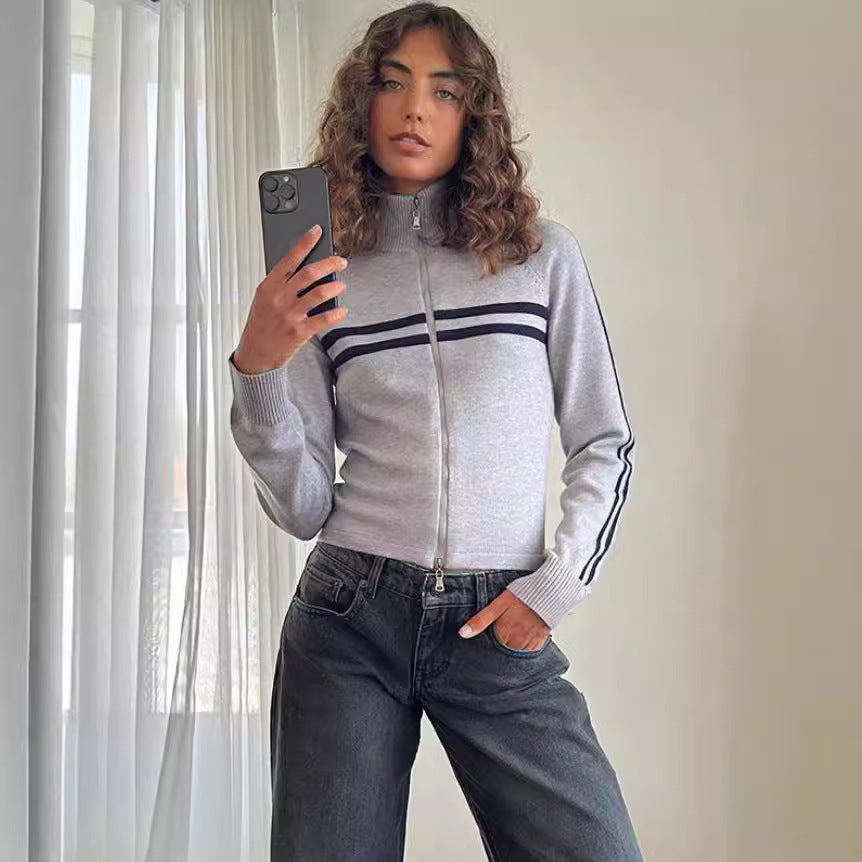 Striped Knitted Cardigan For Women Versatile Slimming Slim-fit Long Sleeve