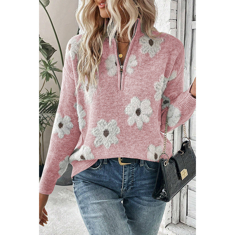 Women's Off-shoulder Sweater All-match Floral Printed Long-sleeved Top
