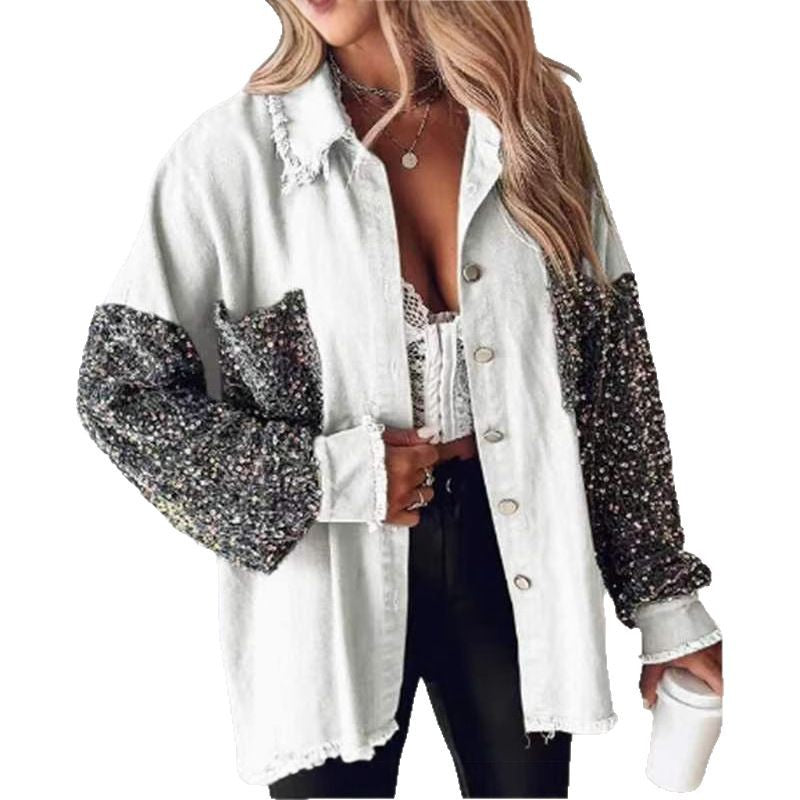 Loose Casual Sequin Denim Tassel Shirt Coat