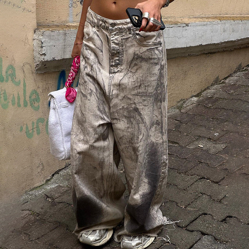 Personalized Distressed Washed High Waist Loose Drooping Trousers