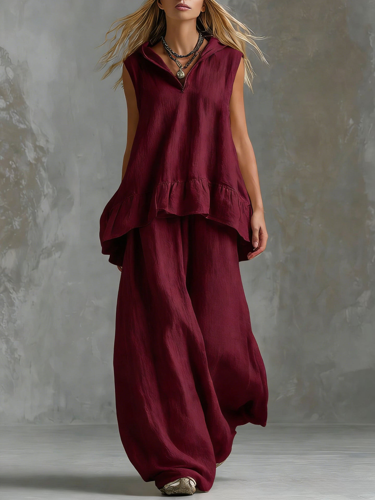 Casual Sleeveless Top And Fashionable Wide-Leg Pants Two-Piece Set