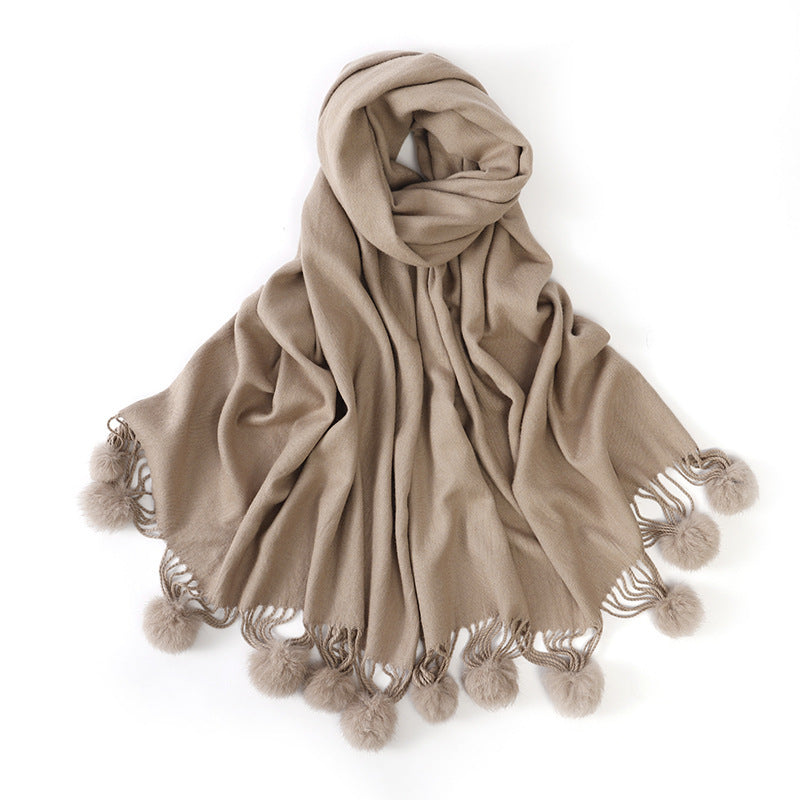 Pure color rabbit fur ball cashmere scarf