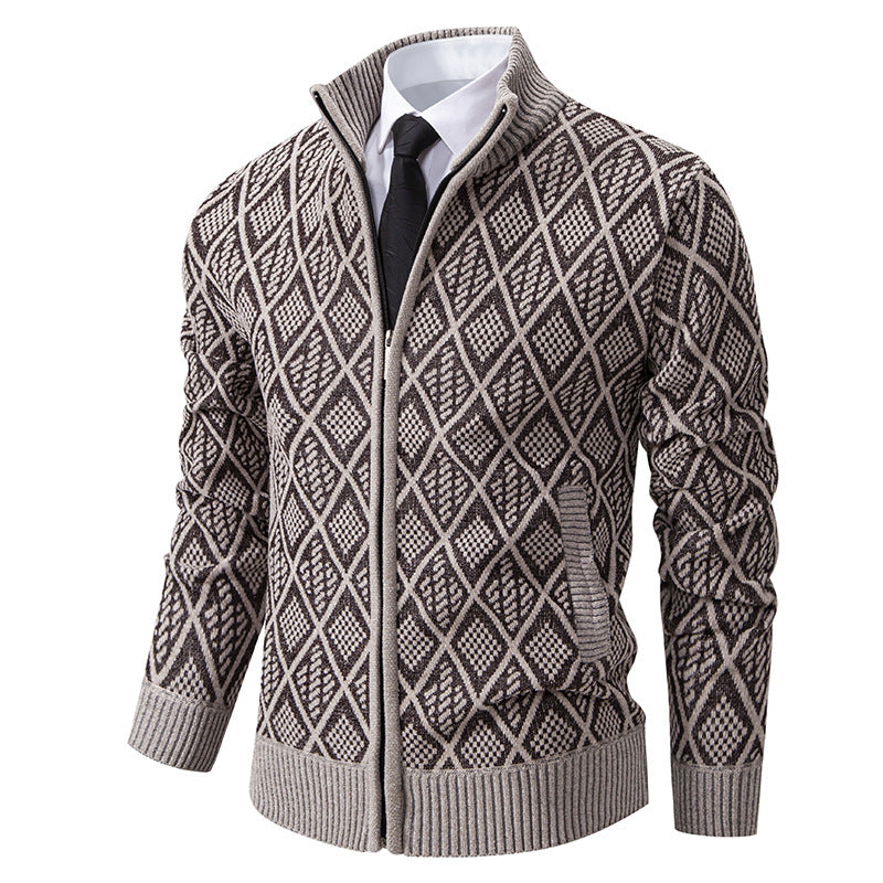 Fall Winter Men Fleece-lined Thickening Stand Collar Sweater Korean Style Casual Zipper Sweater Coat