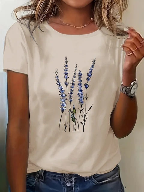 Womens Casual Floral-print T-shirt With A Crew Neck