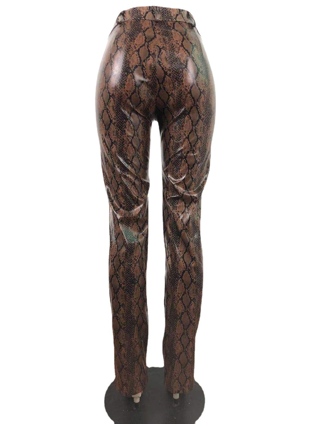 Printed Snake Print Stretch Leather Pants Women'S Wide-Leg Pants