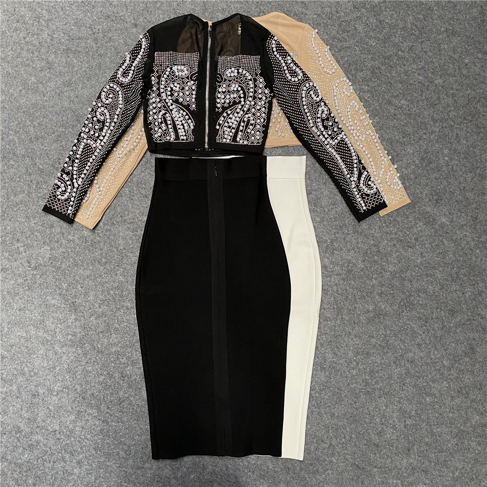 Beaded Studded Long Sleeve T-Shirt Midi Skirt Two Piece