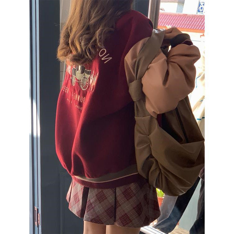 American Vintage Baseball Jacket Women's Loose PU Leather Patchwork