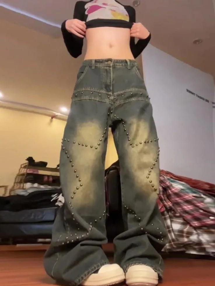 Plus Size Amerikanske Retro Vaskede Nittejeans med Stjerner