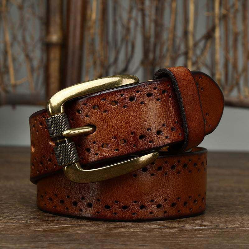 Handmade Retro Chino-style Belt With A Top-layer Cowhide Hollowed-out Design And A Casual Zinc-alloy Buckle For Denim