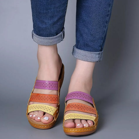 Large Size Women Hollow Out Rainbow Stitching Slippers