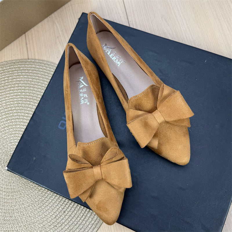Women's Versatile Solid Color Bow Pointed Flat Shoes