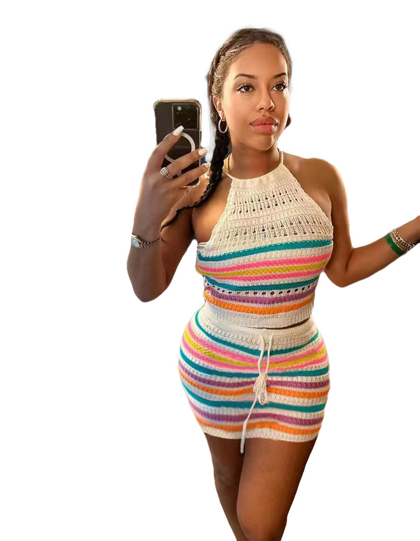 Sweater Fashion Print Backless Halter Bodycon Dress Set