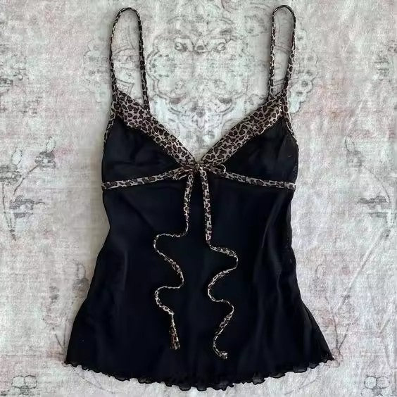Bow Lace Trim Printed Sleeveless Tank Top