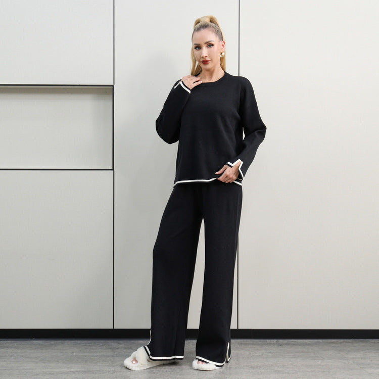 Tykt Elegant Afslappet Kontrastfarvet Strikket Damedragt Med Lange Ærmer
