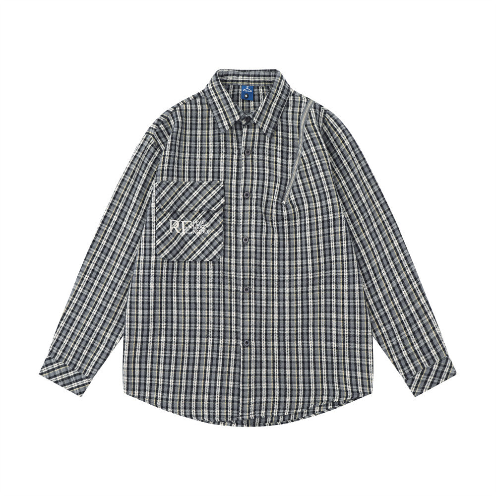 Embroidered Pocket Plaid Long Sleeve Shirt Men
