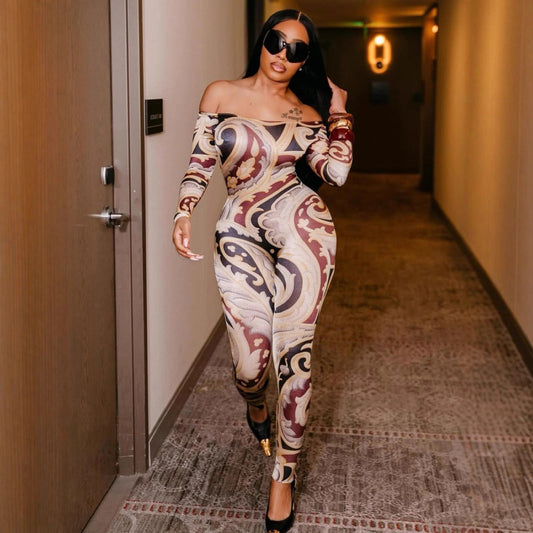 Sexet print, off-shoulder, taljeret, bodycon buksedragt