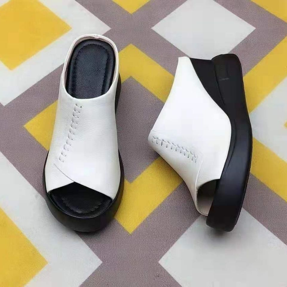 Women's Soft Leather Thick Bottomed Sandals And Slippers