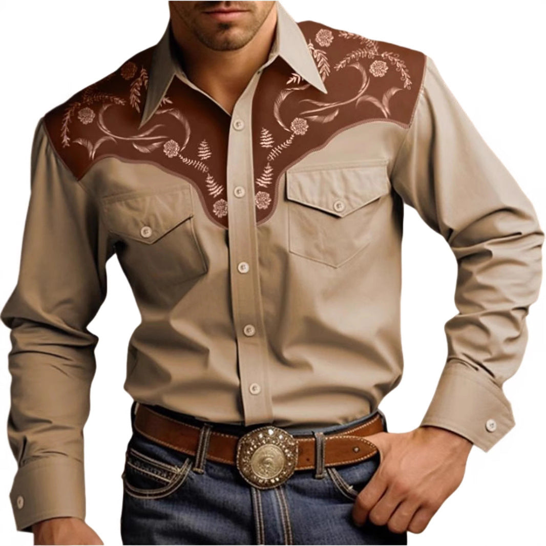Mens Stylish Western-style Long-sleeve Shirt Top
