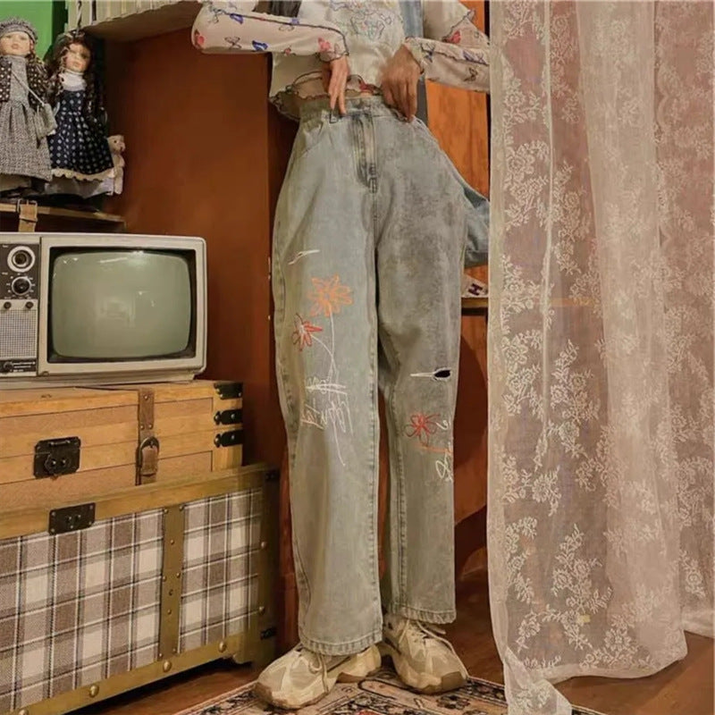 Retro Print Thin Loose High Waist Slim Straight Wide Leg Pants