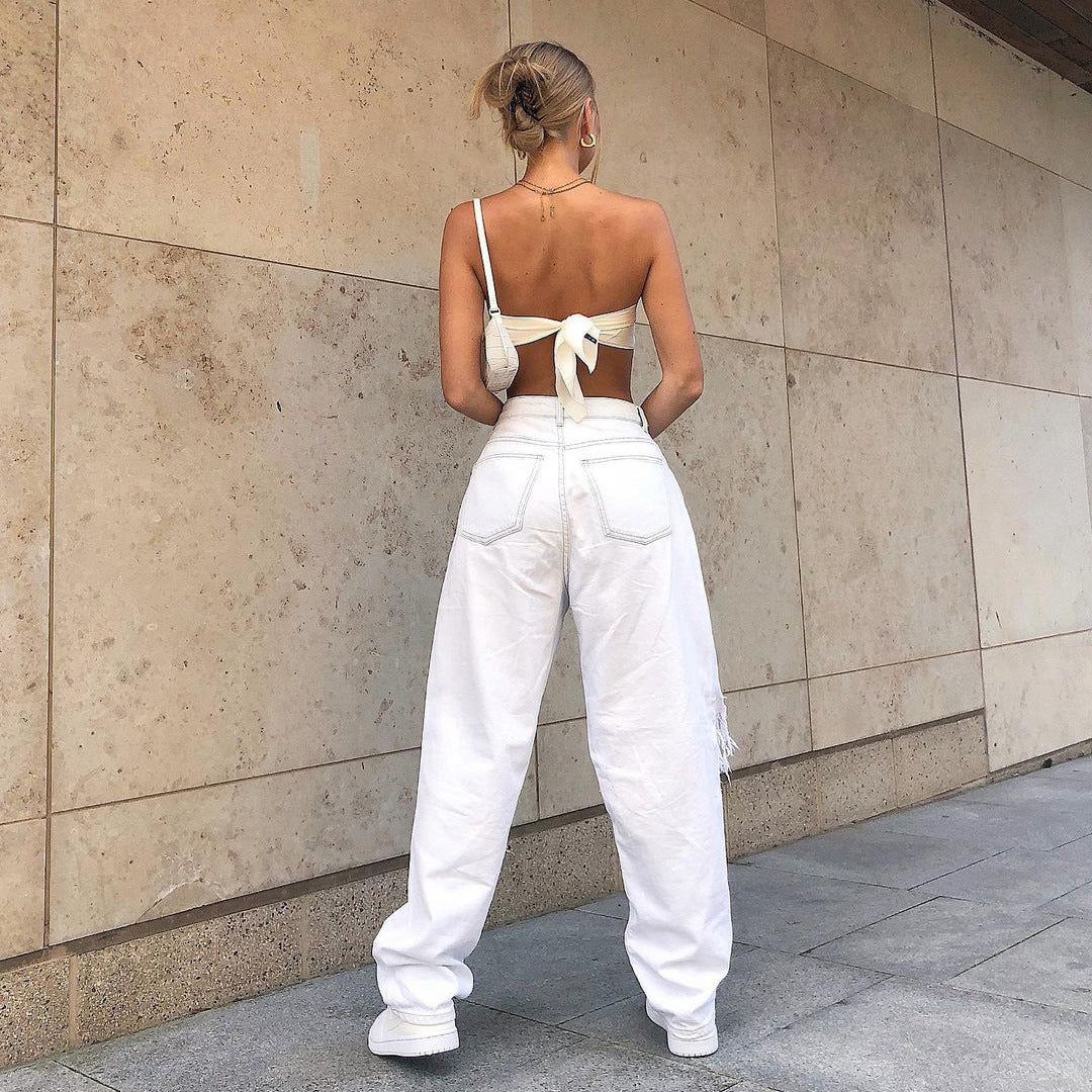 Women's Europe And America Big Hole White Jeans Lady