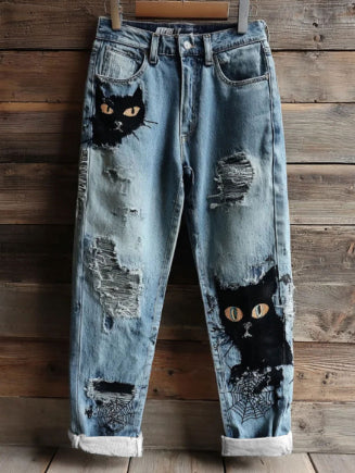 New 3D Heat-transfer Printed Flared Jeans-style Trousers In Faux Denim