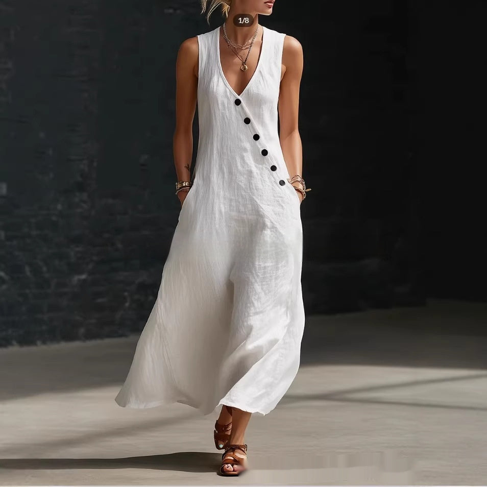 Womens Solid-Color Buttoned Tank Dress