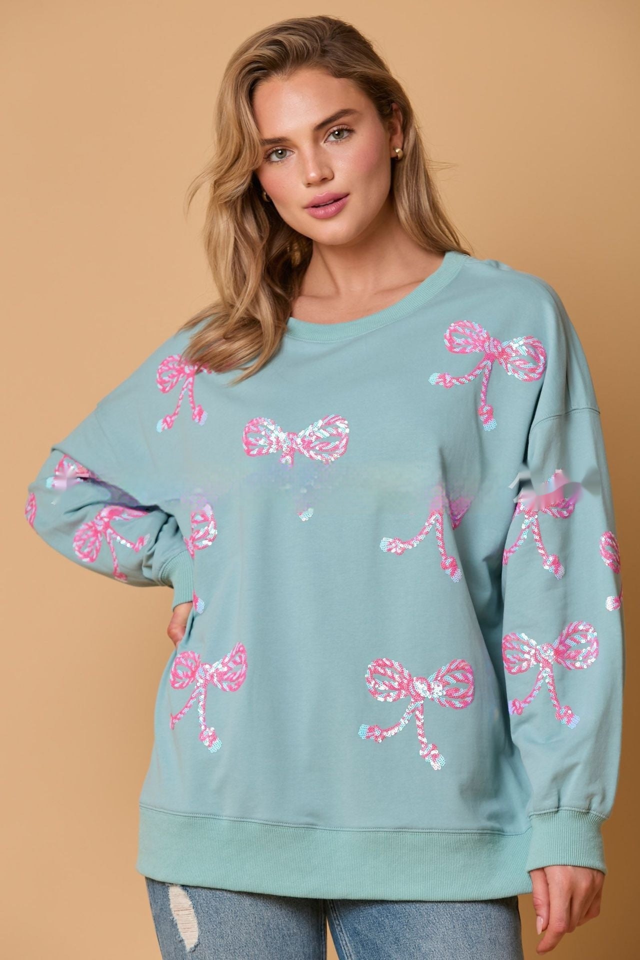 Bow Sequined Top Casual Loose Long Sleeve Sweatershirt Women
