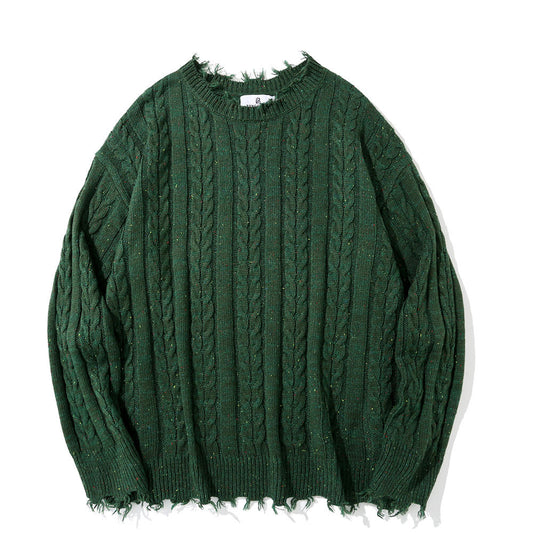Pure Color Jacquard Twist Ripped Sweater Men's High Street Idle Style